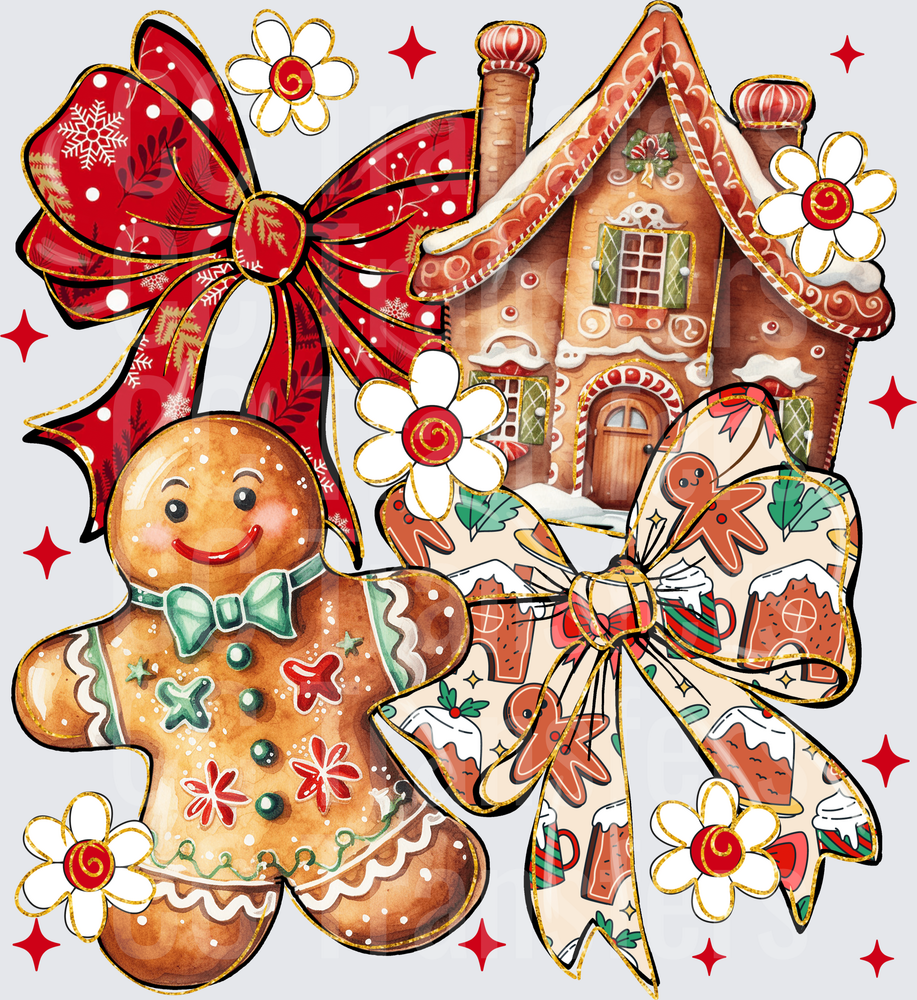 Gingerbread Man House Red Bow Holiday Christmas (DTF)