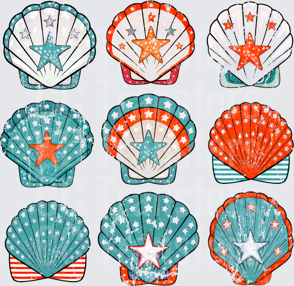 Patriotic Distressed Seashell Bundle Red Teal Stars (DTF)