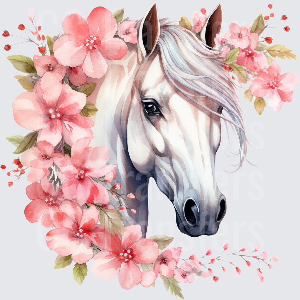 Watercolor White Horse with Pink Cherry Blossoms (DTF)