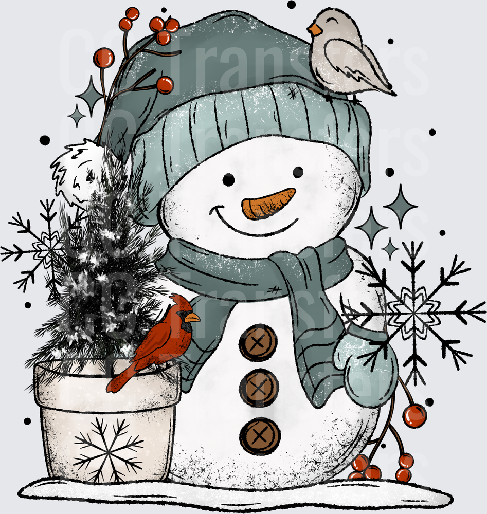 Rustic Snowman with Cardinals Teal Hat Winter Scene (DTF)