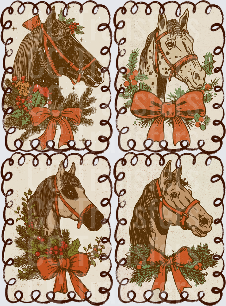 Vintage Christmas Horse Portrait Four Panel Set (DTF)