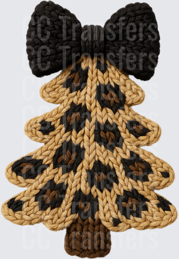 Knit Leopard Print Christmas Tree with Black Bow (DTF)