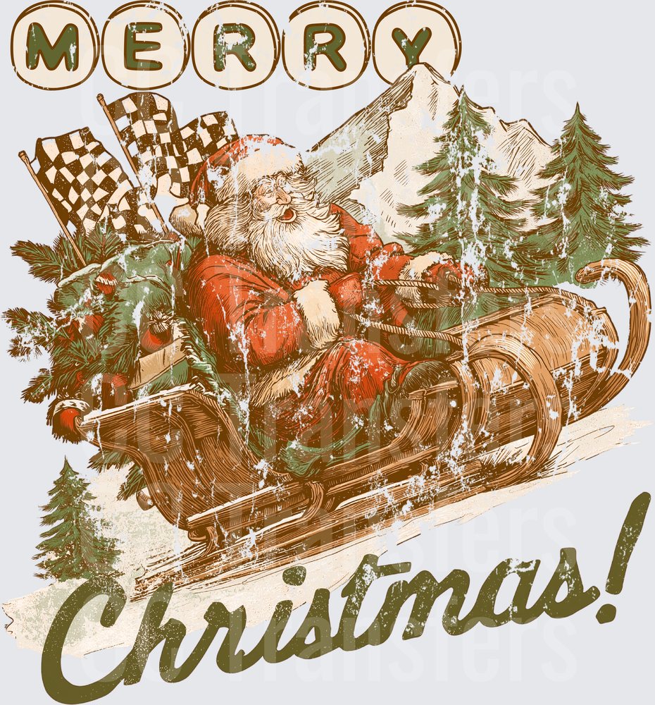Vintage Santa Sleigh Racing Checkered Flags Merry Christmas (DTF)