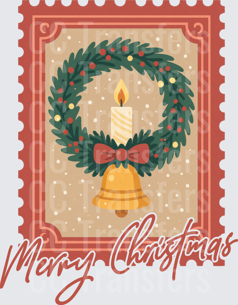 Vintage Christmas Stamp Wreath Candle Bell Design (DTF)