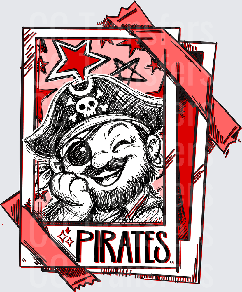 Jolly Bearded Pirate Sketch Red Stars Bold Text (DTF)
