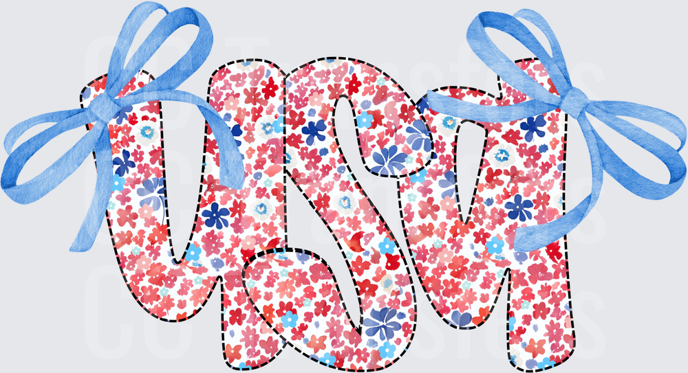 Floral USA Letters with Blue Ribbon Bows (DTF)