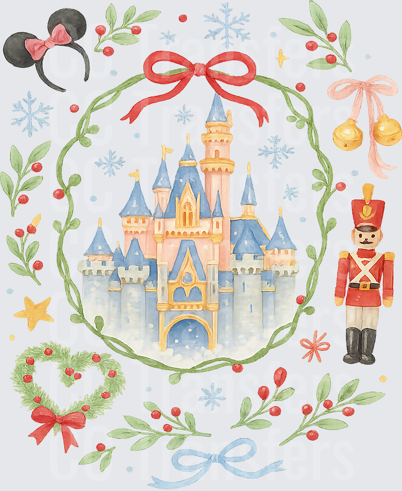 Watercolor Christmas Castle Wreath Holiday Collage (DTF)