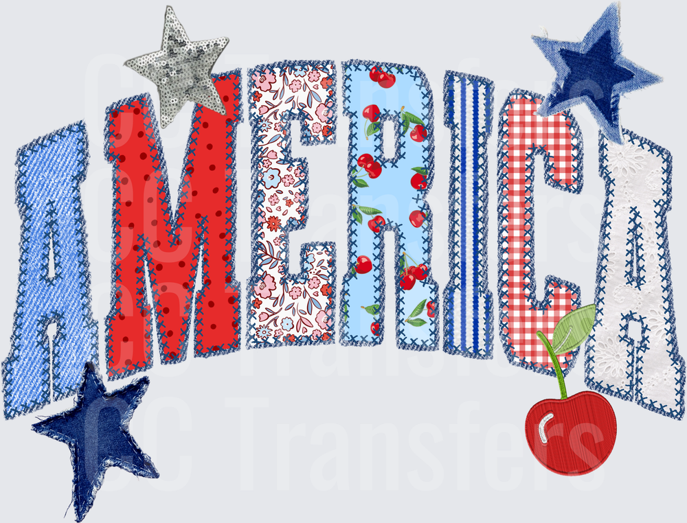 Patchwork Fabric America Lettering Stars Cherry (DTF)