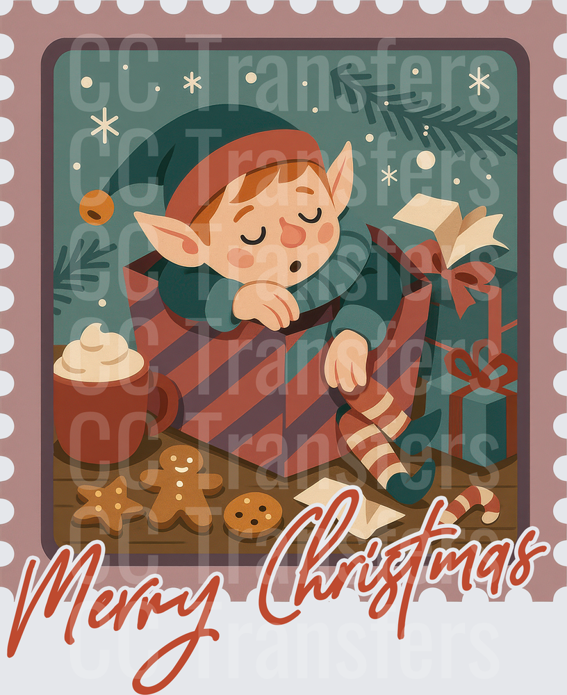 Sleeping Christmas Elf in Gift Box Stamp Merry Christmas (DTF)