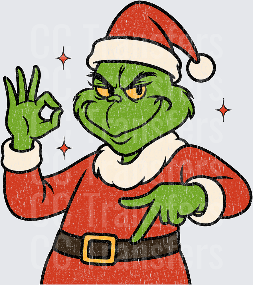 Grumpy Green Christmas Character OK Hand Sign Sparkles (DTF)