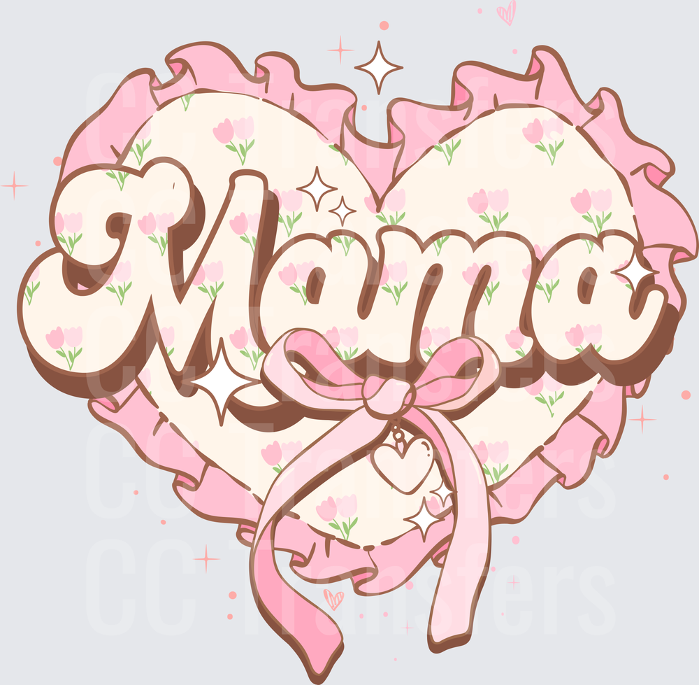Mama Floral Heart Ruffle Bow Retro Groovy Script (DTF)