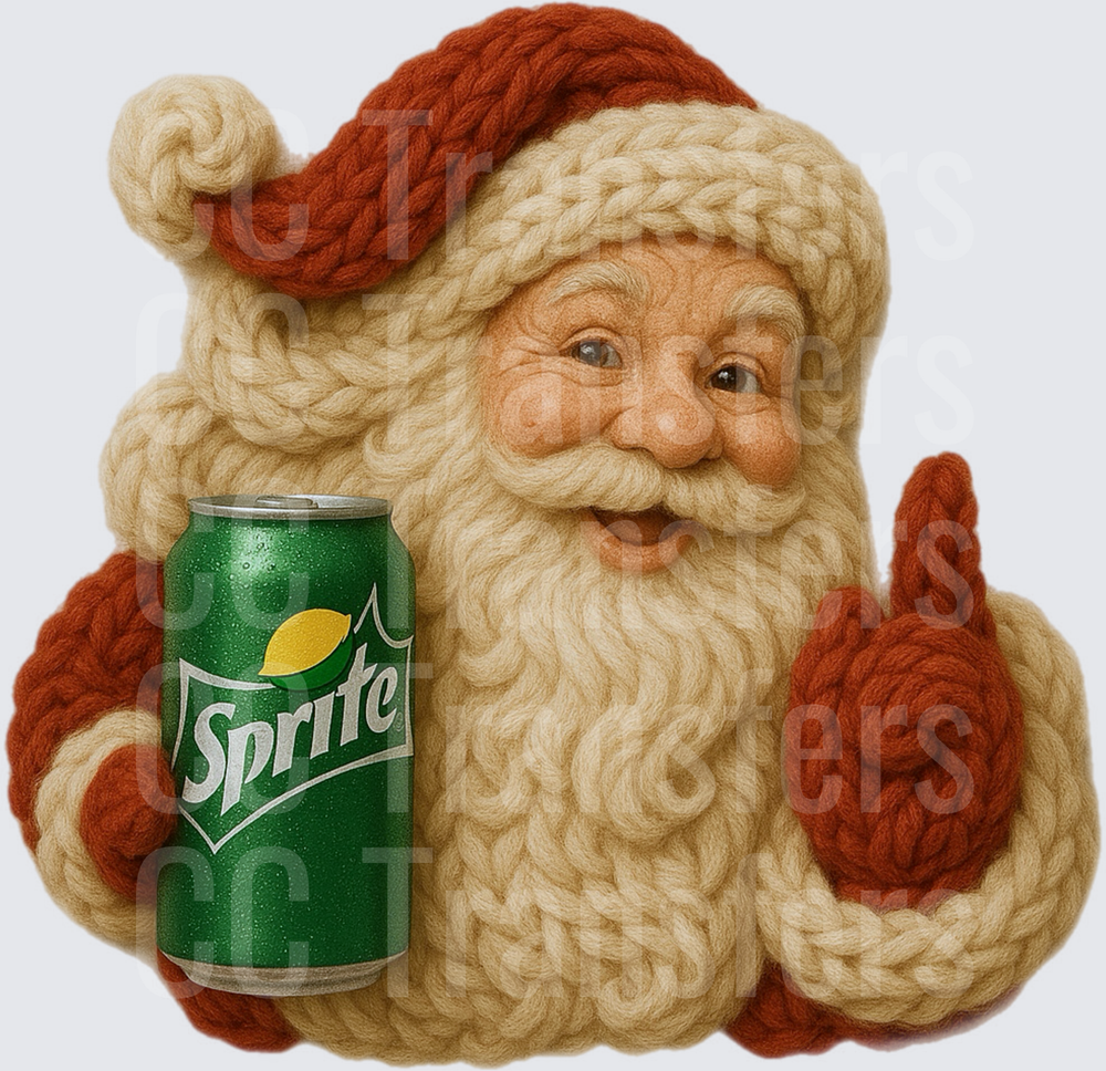 Knitted Santa Holding Green Soda Can Thumbs Up (DTF)