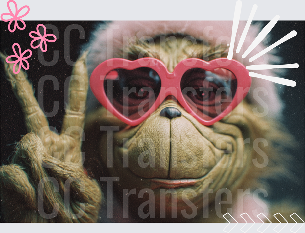 Grumpy Green Creature Heart Sunglasses Peace Sign (DTF)