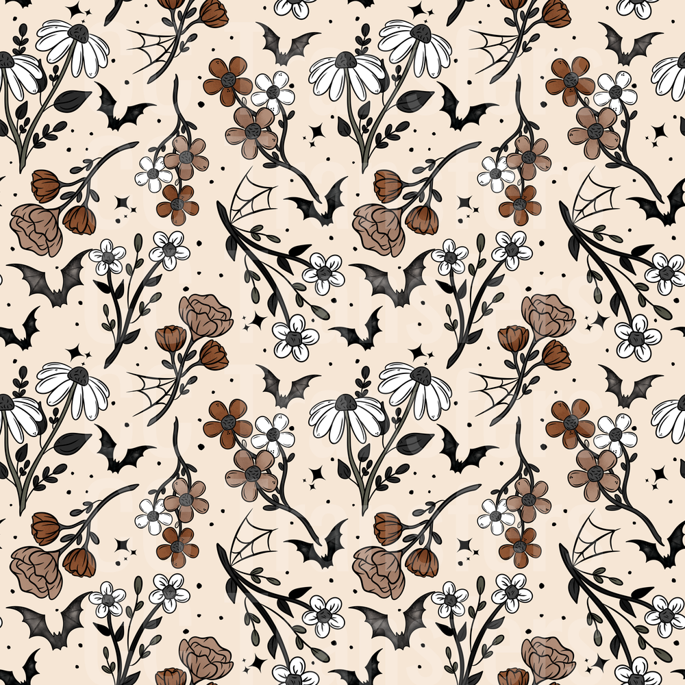 Gothic Floral Bat Halloween Seamless Pattern (DTF)