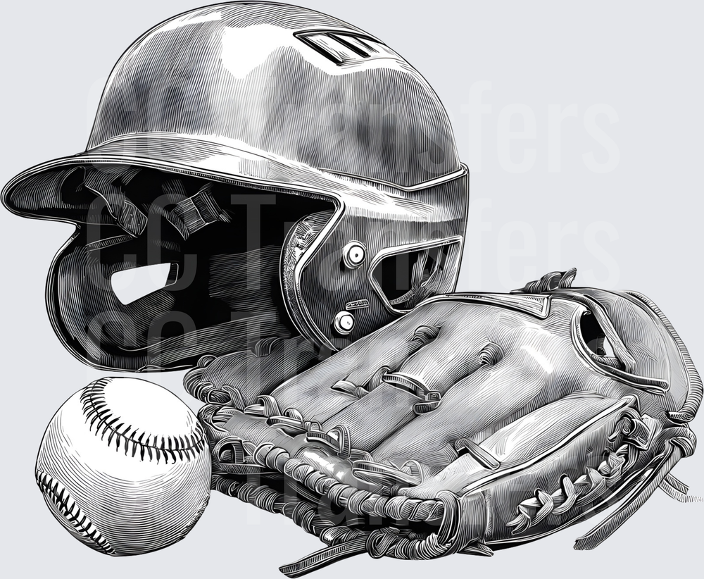 Black & White Baseball Helmet Glove and Ball Sketch (DTF)