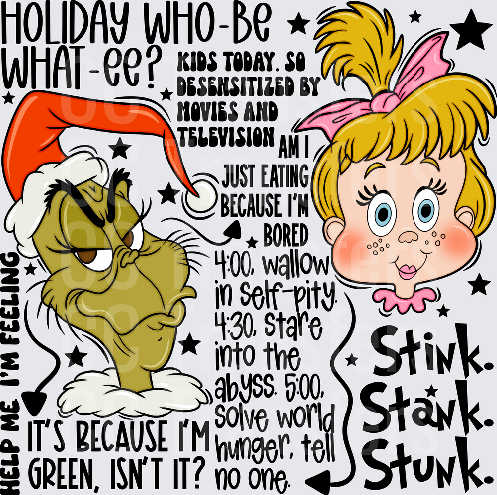 Grumpy Green Christmas Character and Cute Girl Holiday Quotes (DTF)