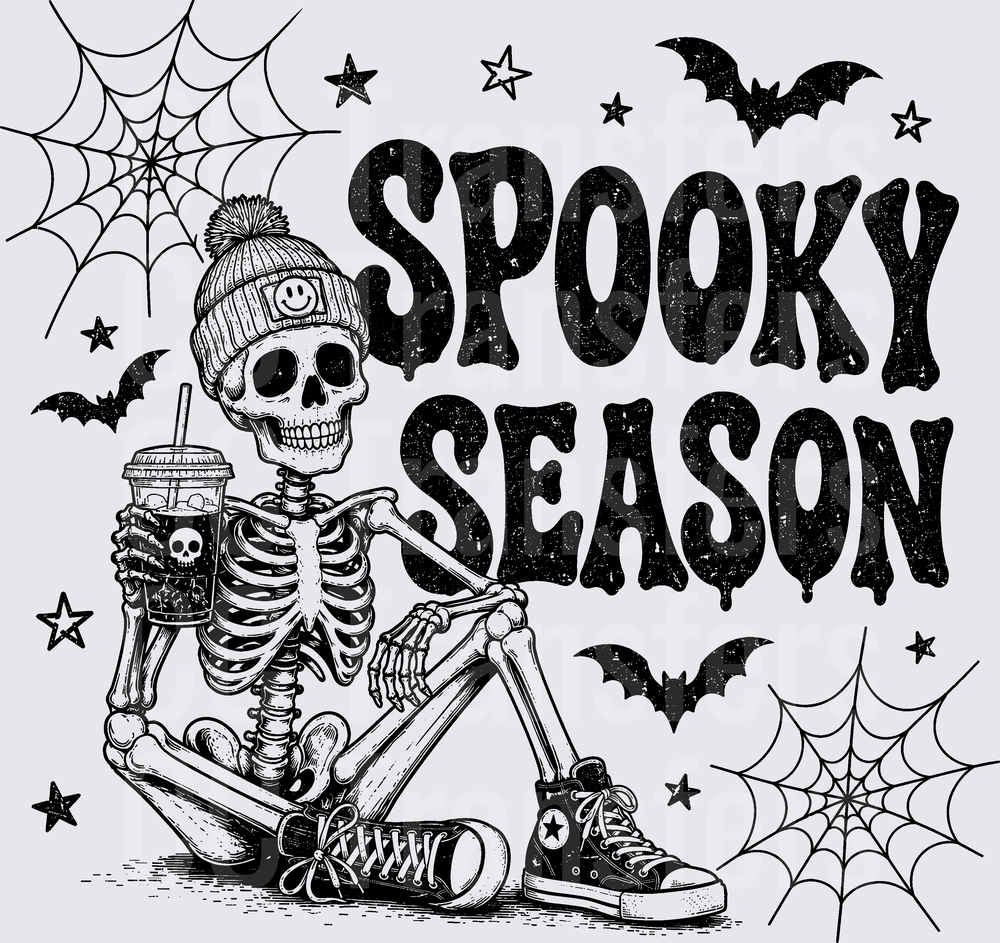 Spooky Season Skeleton with Iced Coffee and Bats (DTF)