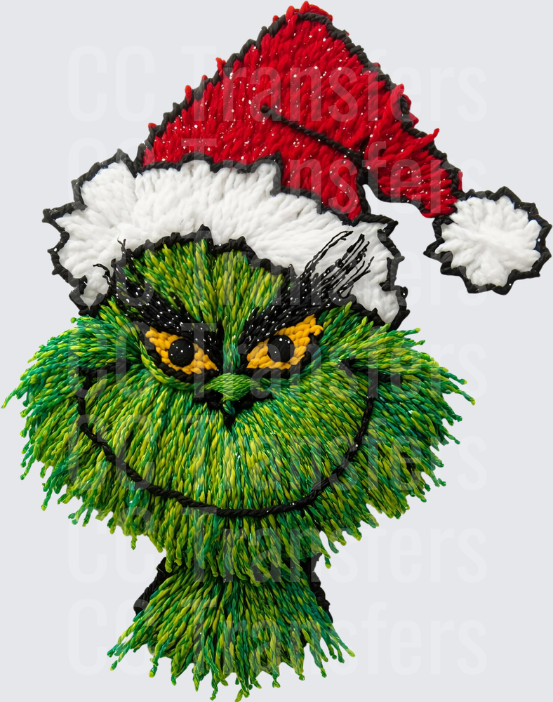 Grumpy Green Furry Christmas Character Embroidery Style (DTF)