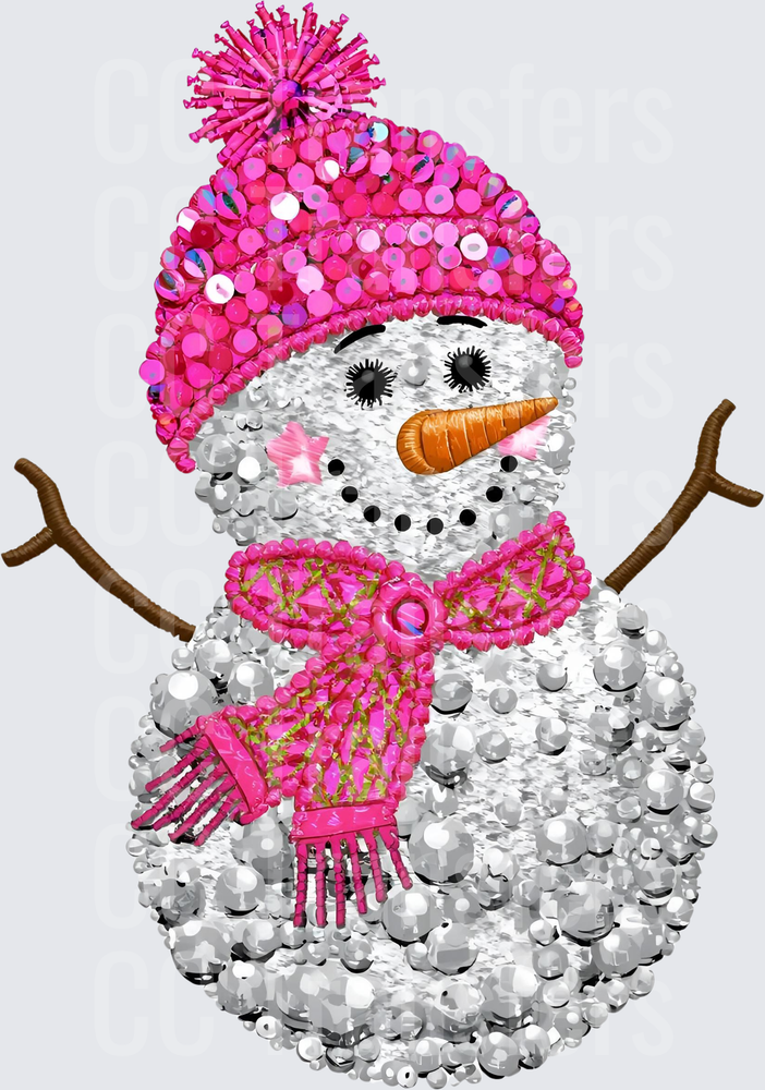 Glam Sequin Snowman Pink Beanie Scarf Winter (DTF)