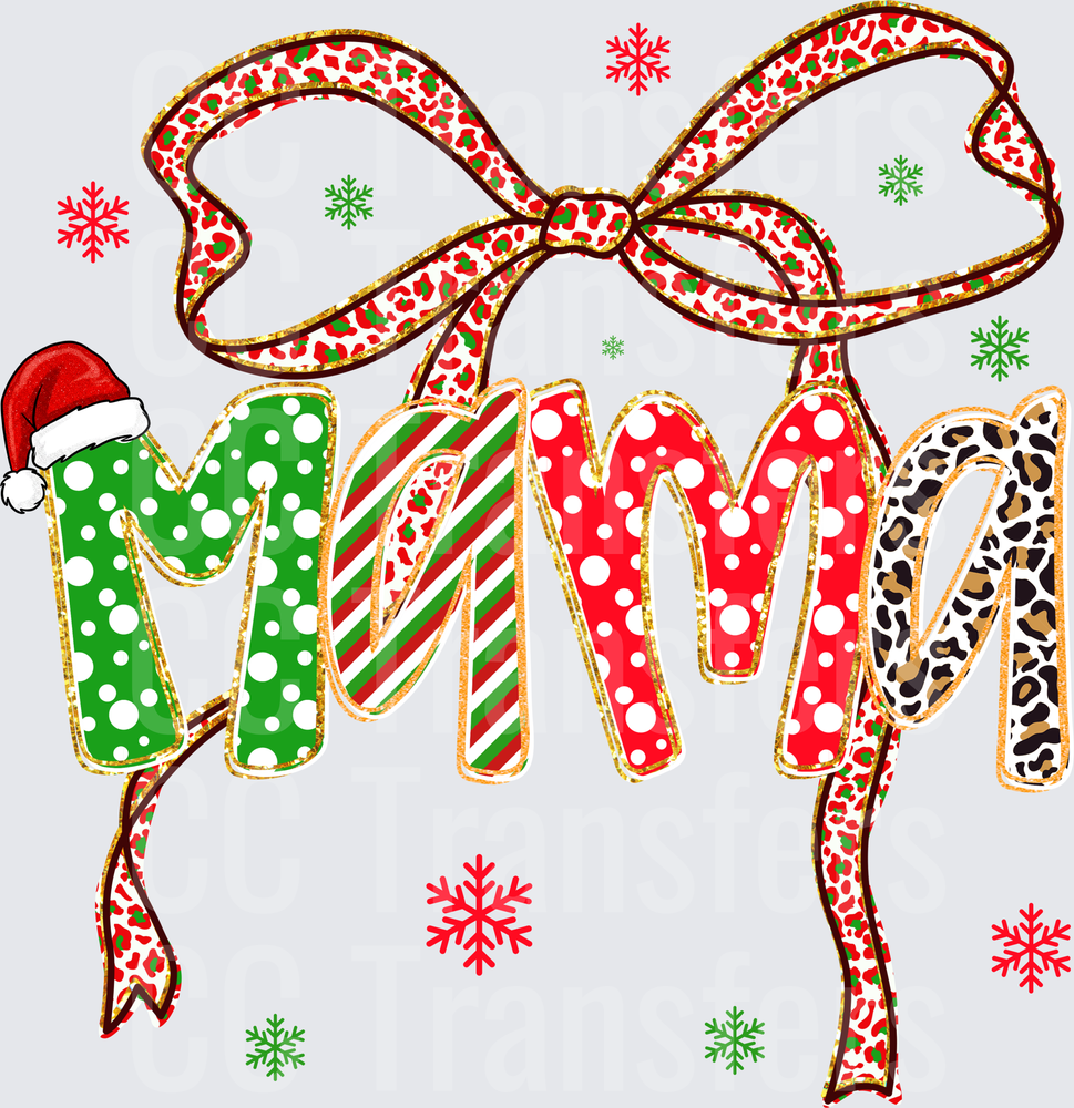 Christmas Mama Leopard Bow Santa Hat Snowflakes (DTF)