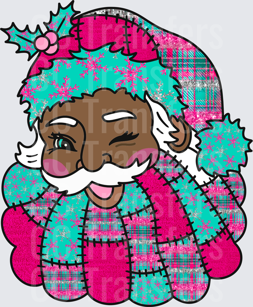 Winking Black Santa Teal Pink Plaid Patchwork Holiday (DTF)