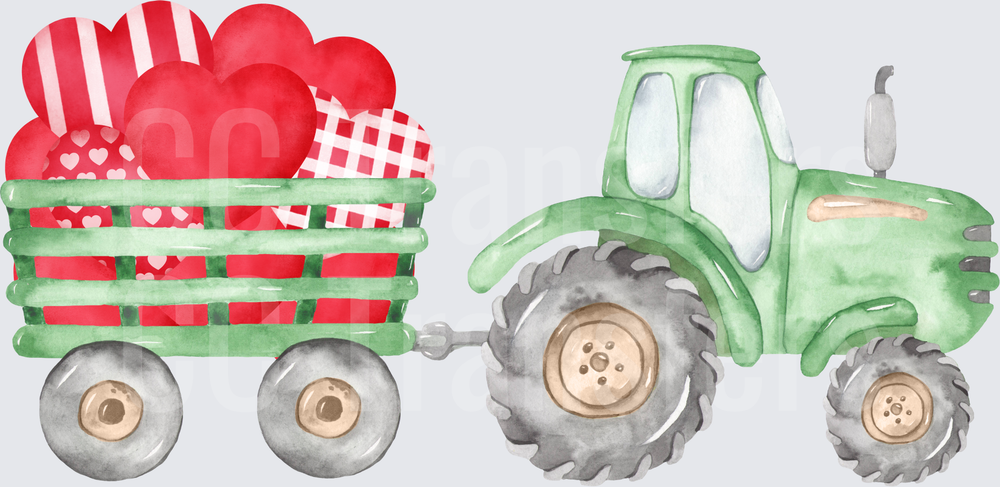 Watercolor Green Tractor Hauling Valentine Hearts (DTF)