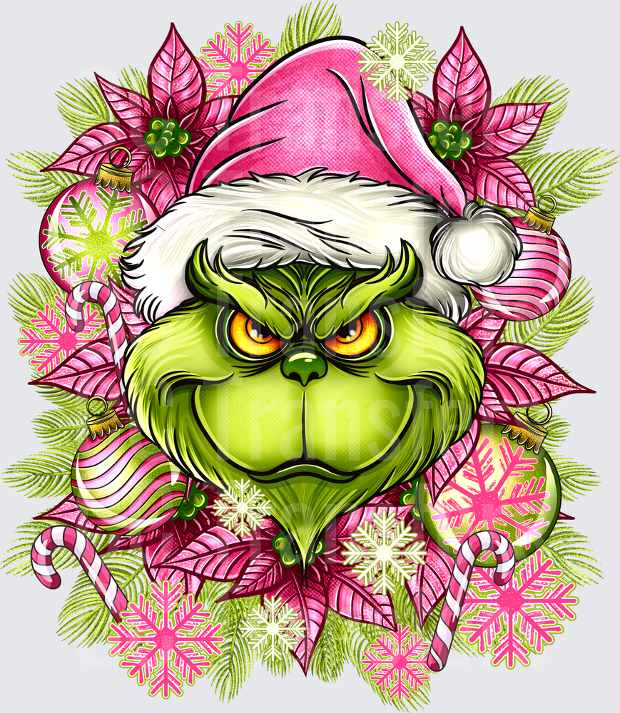 Grumpy Green Creature Pink Christmas Wreath Holiday (DTF)