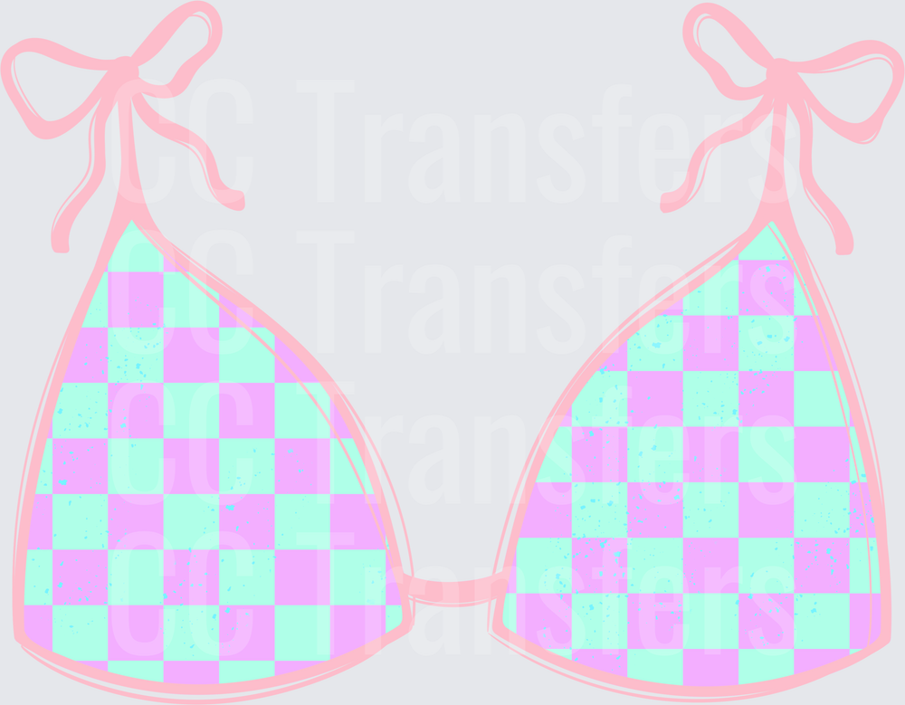 Pastel Checkered Triangle Bikini Top with Pink Bows (DTF)