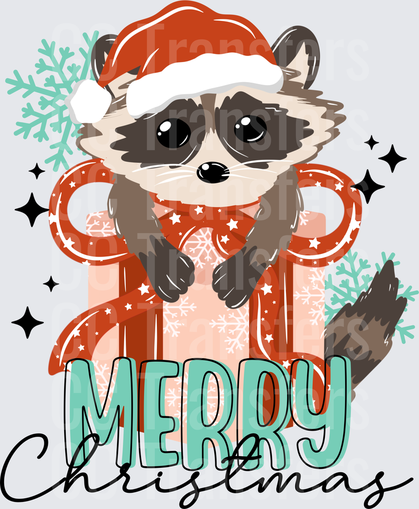 Merry Christmas Cute Raccoon Santa Hat Gift Box DTF