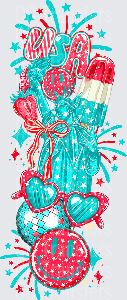 Patriotic Lady Liberty USA Collage Red Teal Stars (DTF)
