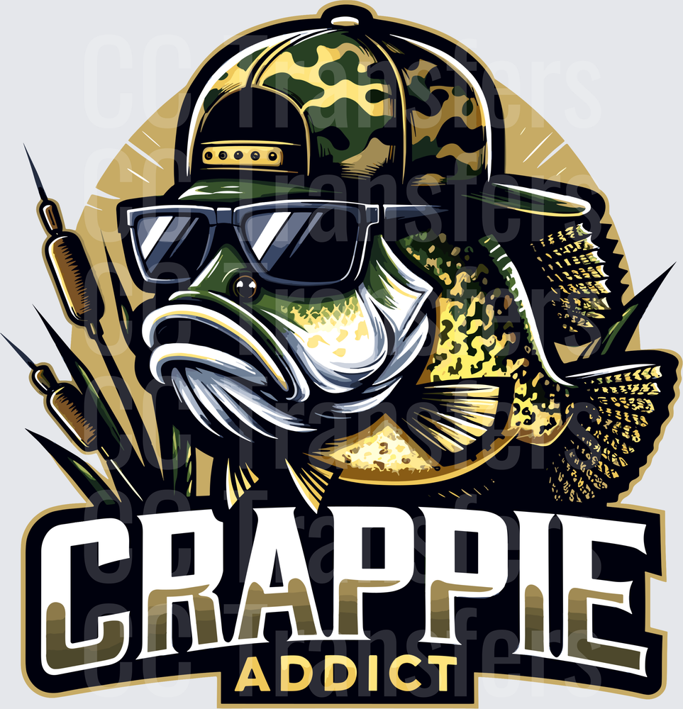 Crappie Addict Fish Wearing Camo Hat and Sunglasses (DTF)