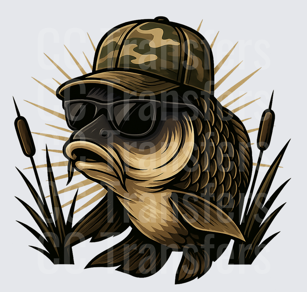 Cool Carp Fish Wearing Camo Hat and Sunglasses (DTF)