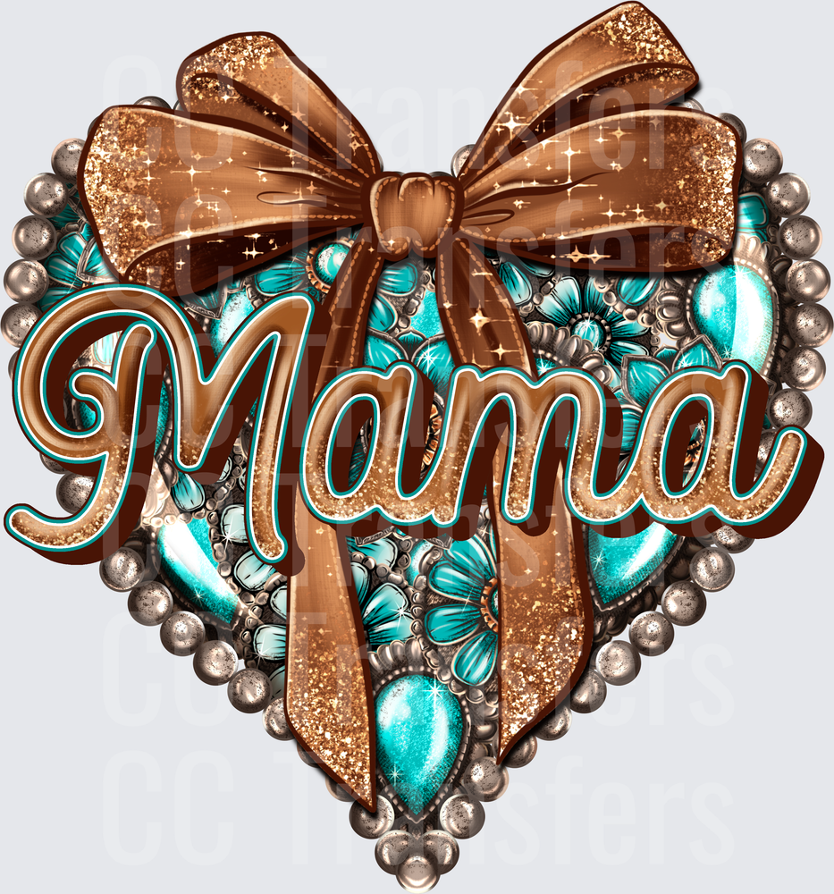 Mama Turquoise Glitter Heart Bronze Bow Western (DTF)