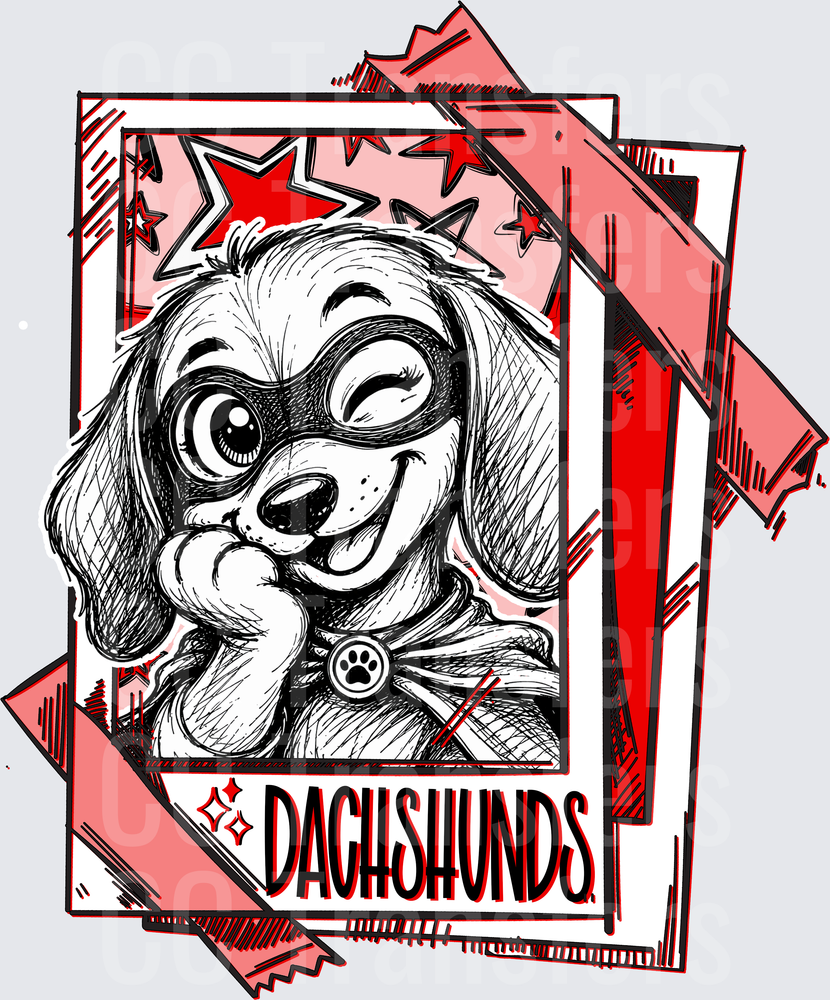 Cute Dachshund Superhero Mask Polaroid Comic Style (DTF)