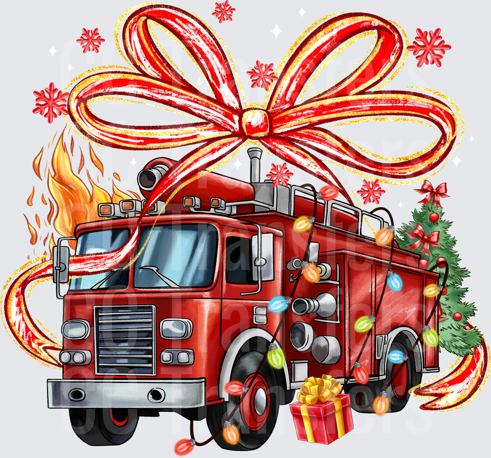Christmas Fire Truck with Lights Bow and Snowflakes (DTF)