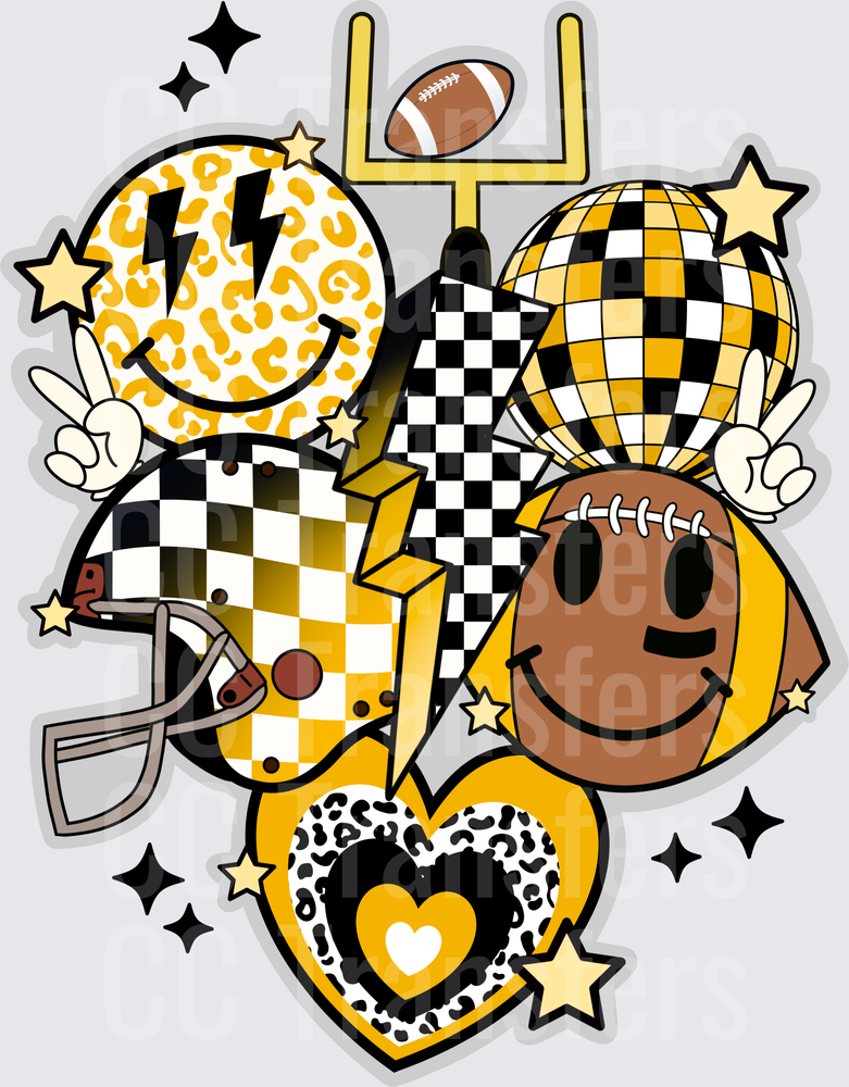 Black & Gold Football Smiley Face Leopard Disco Collage (DTF)