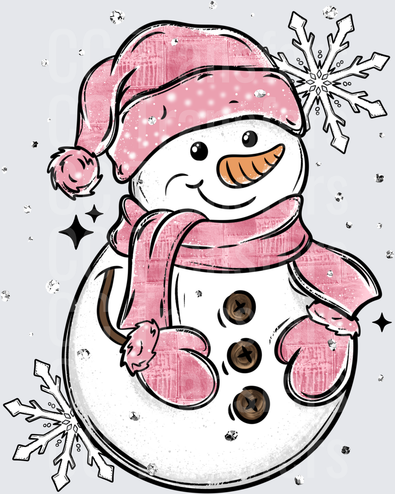 Cute Pink Santa Hat Snowman with Snowflakes (DTF)