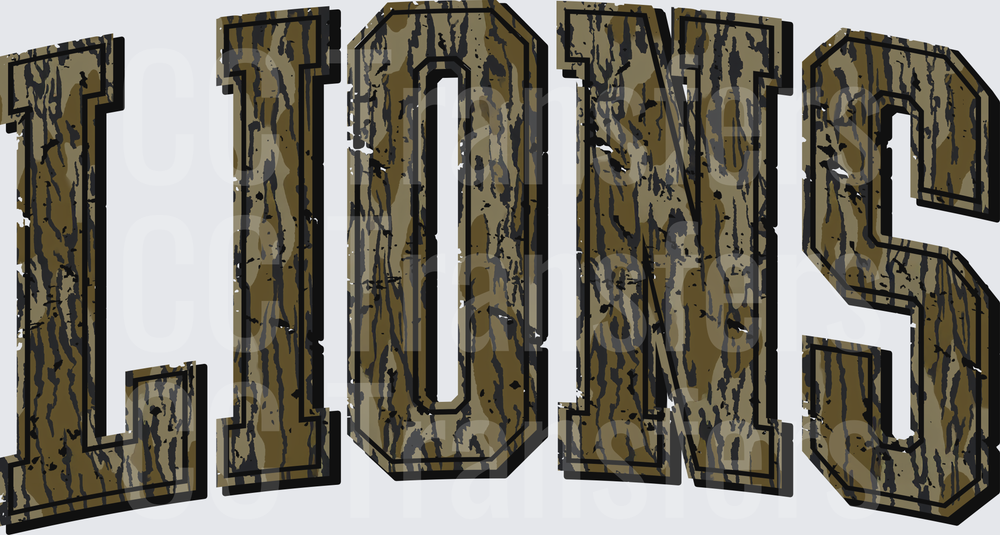 Lions Arched Varsity Letters Mossy Oak Camo (DTF)