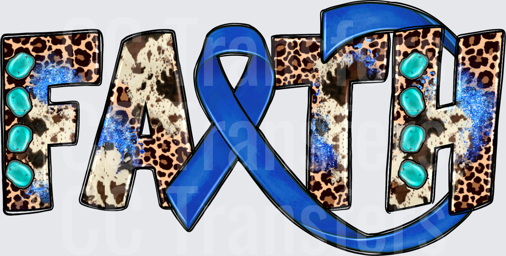 Faith Blue Ribbon Cowhide Leopard Turquoise Gems (DTF)