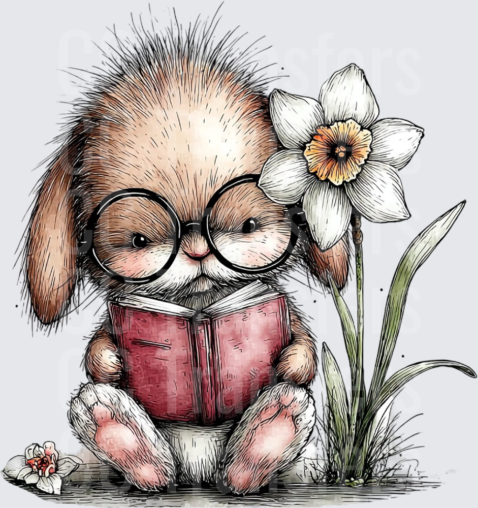 Fluffy Bunny Reading Book with Glasses and Daffodil (DTF)