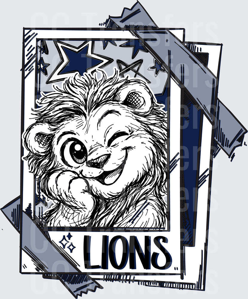 Winking Cartoon Lion Mascot Stars Polaroid Frame Lions DTF