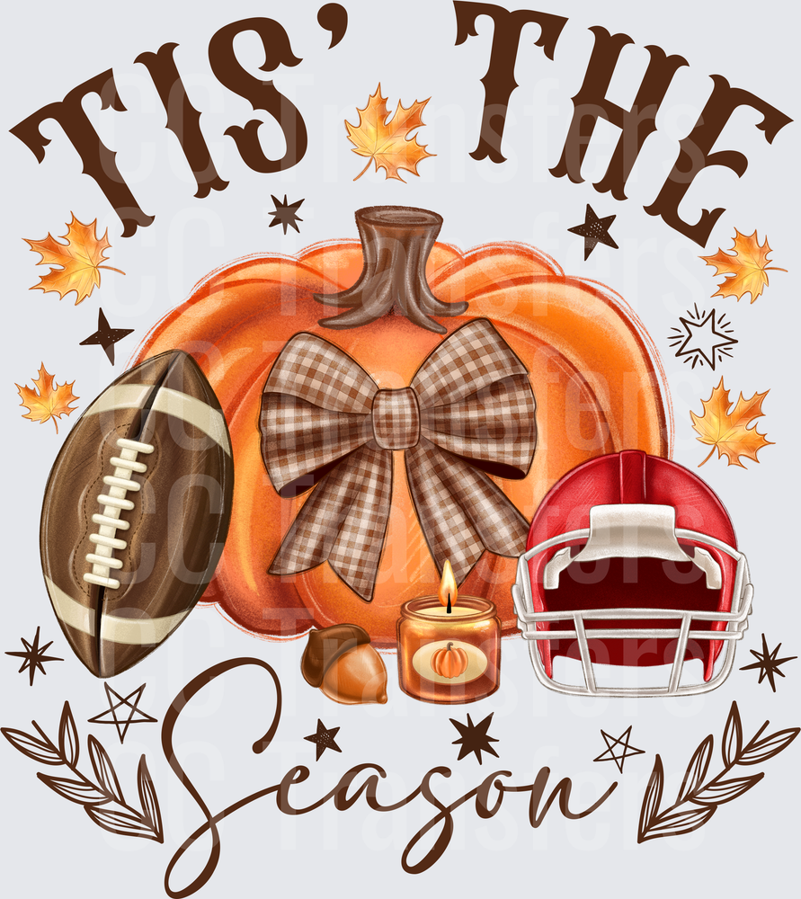 Tis The Season Fall Football Pumpkin Bow Design (DTF)