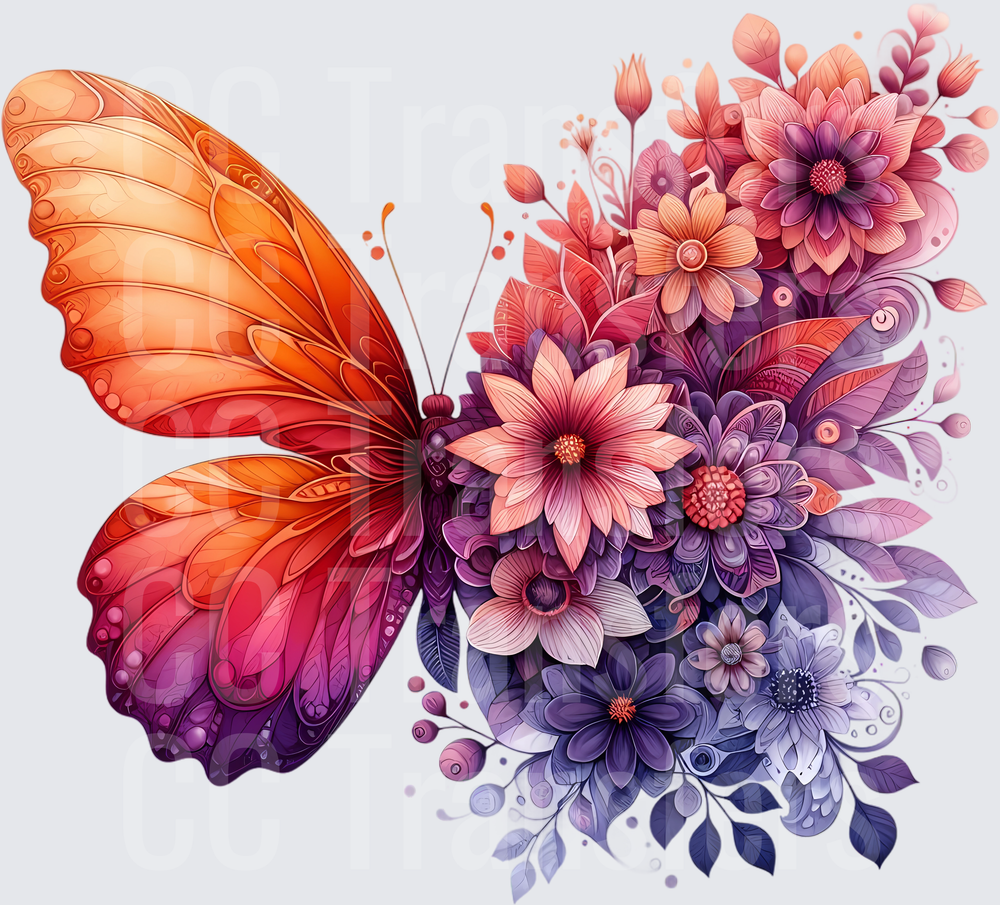 Vibrant Orange Purple Butterfly Floral Bouquet (DTF)