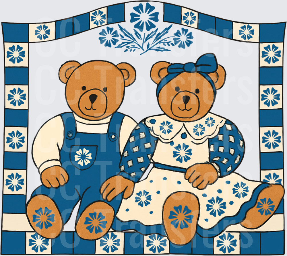 Country Folk Art Bear Couple Blue Floral Tile Frame (DTF)