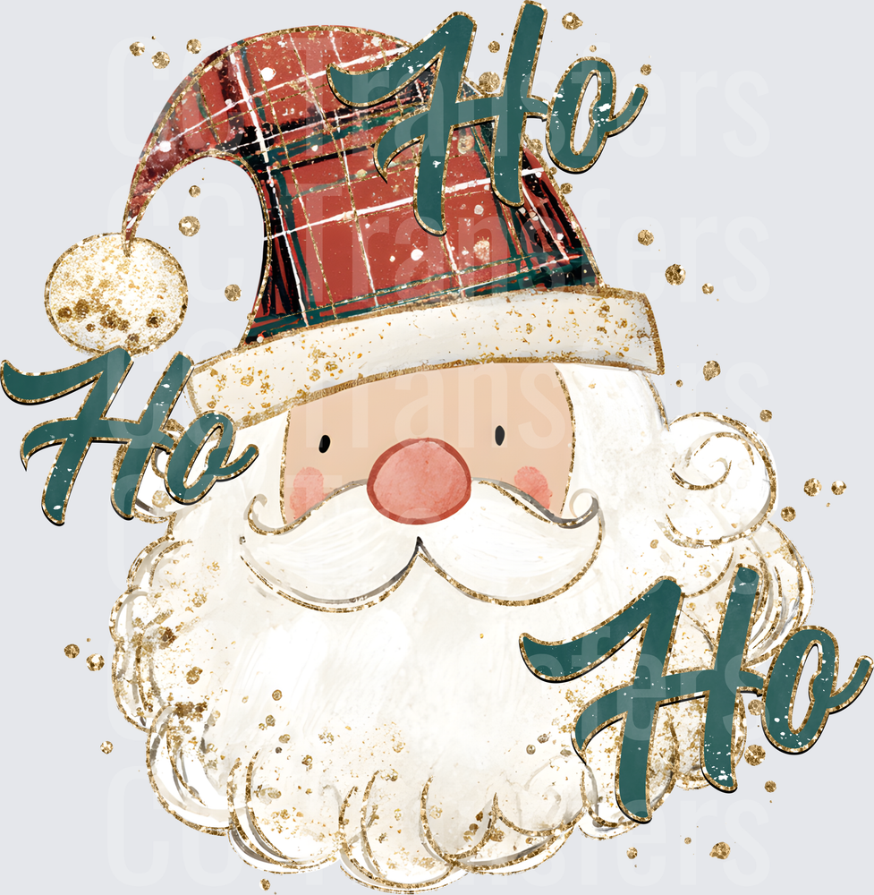 Whimsical Santa Face Plaid Hat Ho Ho Ho Gold Glitter (DTF)