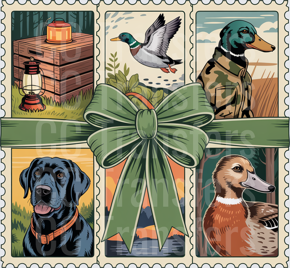 Duck Hunting Postage Stamp Collage with Lab Green Bow (DTF)