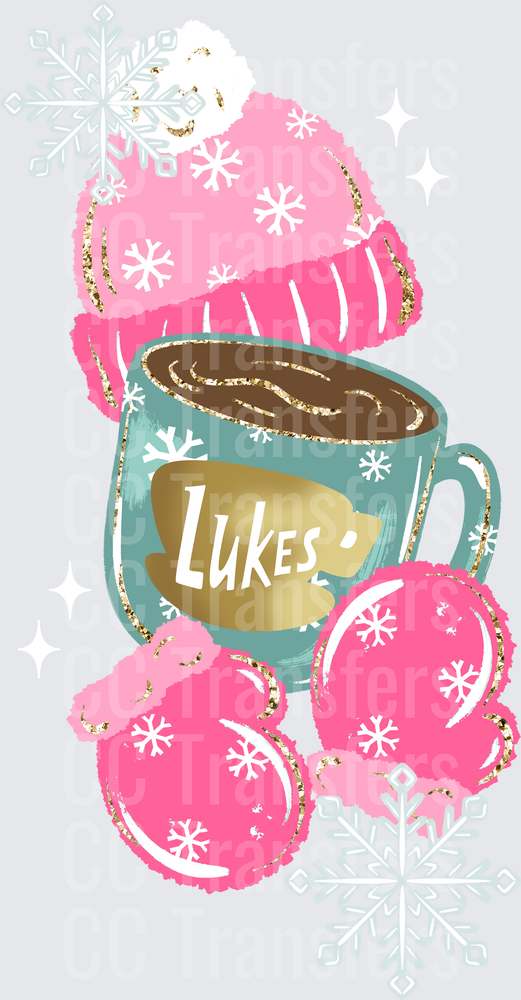 Winter Coffee Mug Pink Mittens Beanie Snowflakes (DTF)