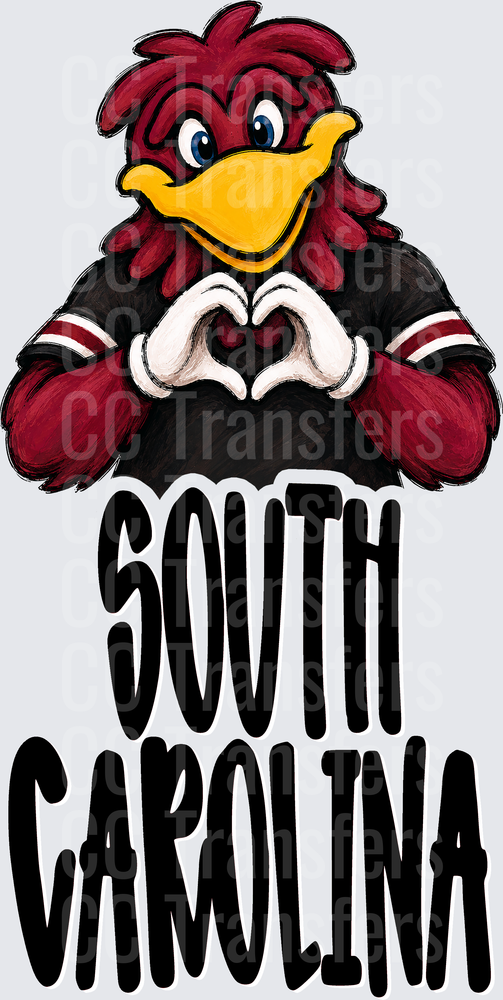 Garnet Rooster Mascot Heart Hands South Carolina DTF
