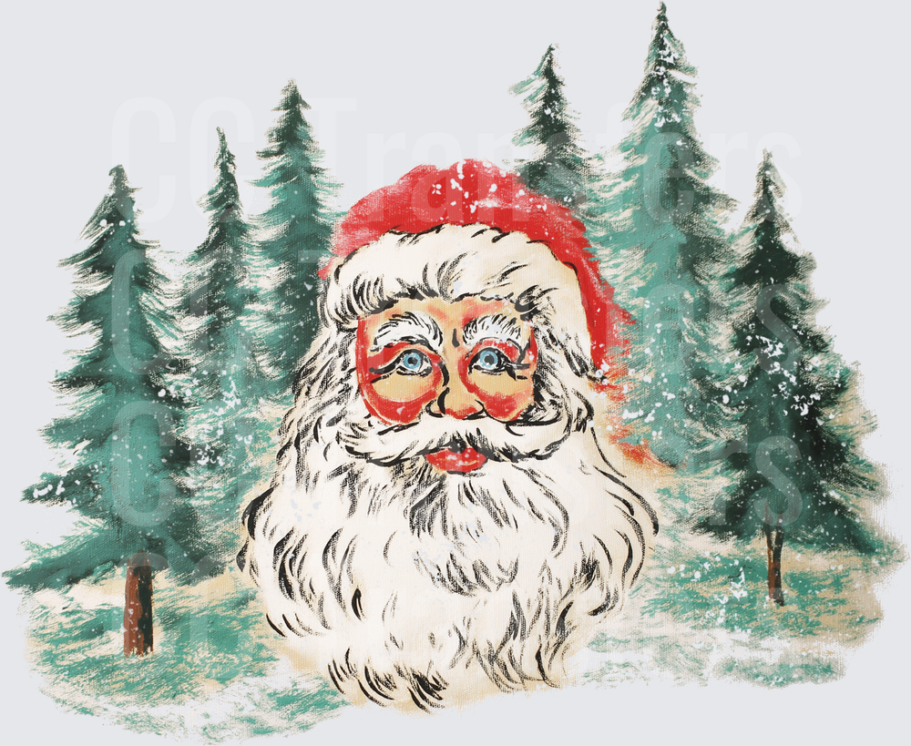 Vintage Santa Face Snowy Pine Forest Scene (DTF)