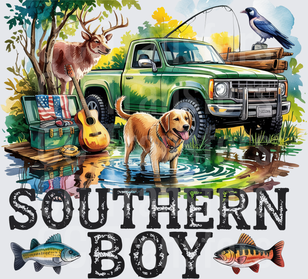 Southern Boy Truck Dog Deer Fishing Country Scene (DTF)
